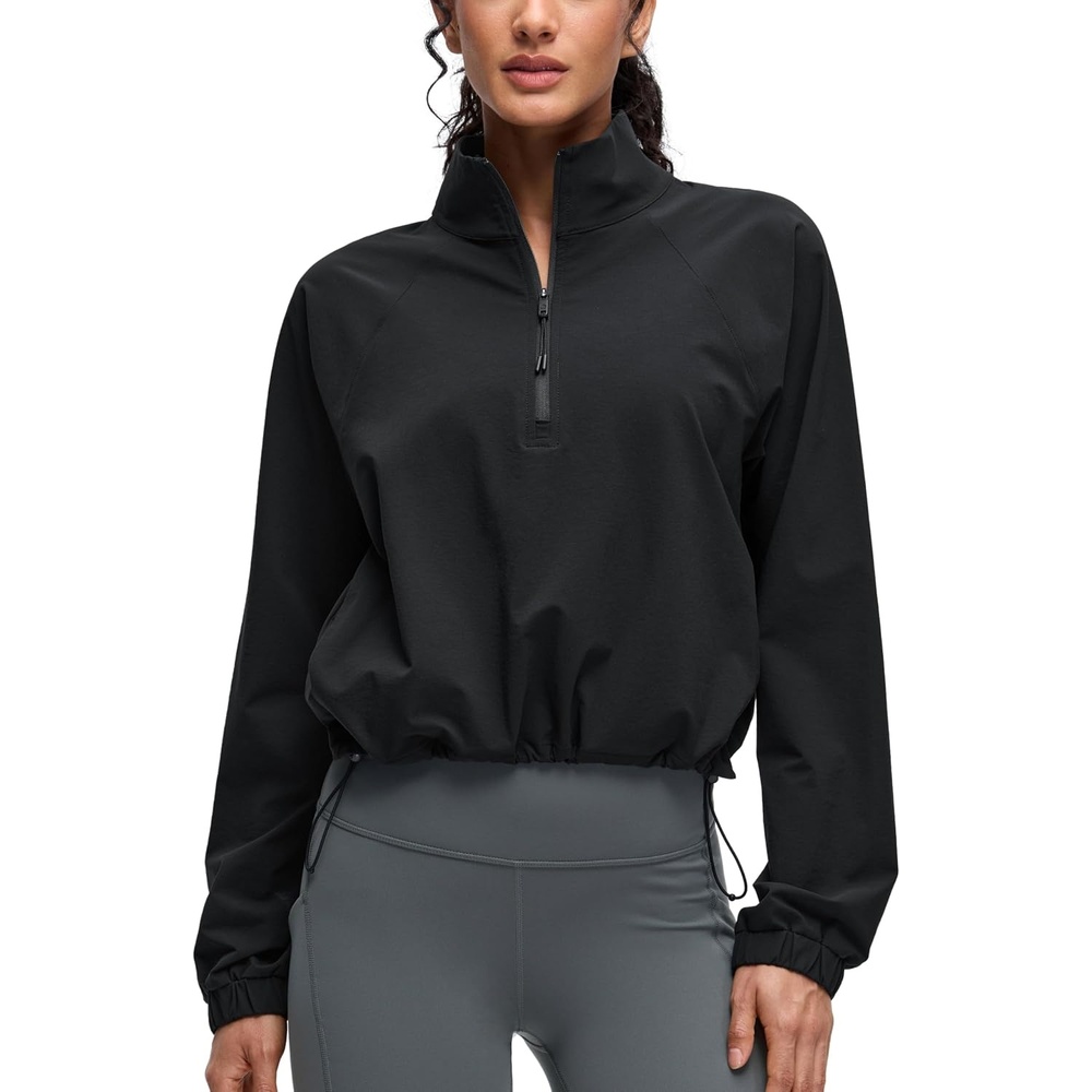 image:imageCRZ YOGA Drawstring Bottom Workout Jackets for Women Half Zip Pullover Cropped Workout Outdoor Tops with PocketsBlack