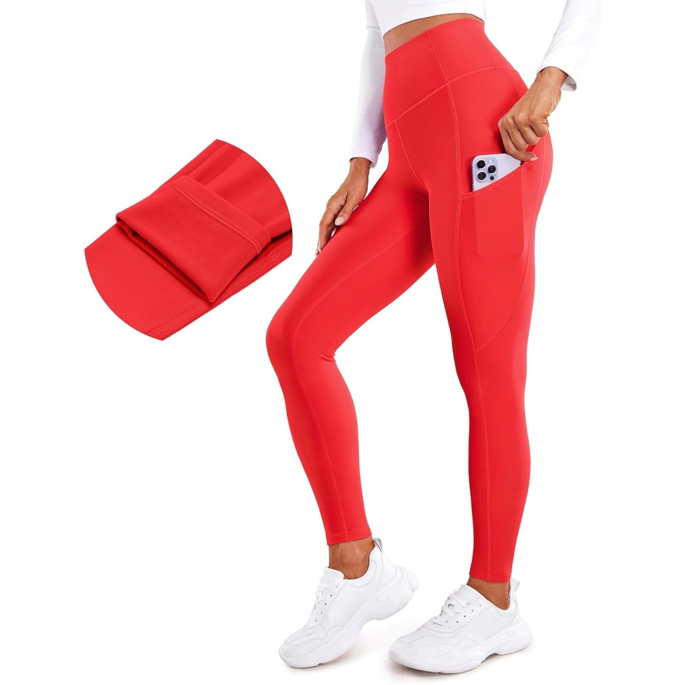 image:imageCRZ YOGA Fleece Lined Leggings Pockets 28  Thermal Casual Lounge Workout Womens Yoga Full Length Pants Winter WarmDeep Red
