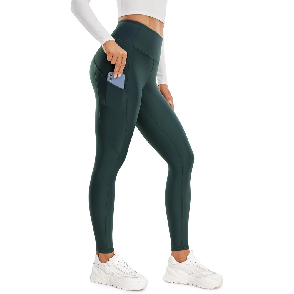 image:imageCRZ YOGA Fleece Lined Leggings Pockets 28 Thermal Casual Lounge Workout Womens Yoga Full Length Pants Winter WarmForest Dark Green