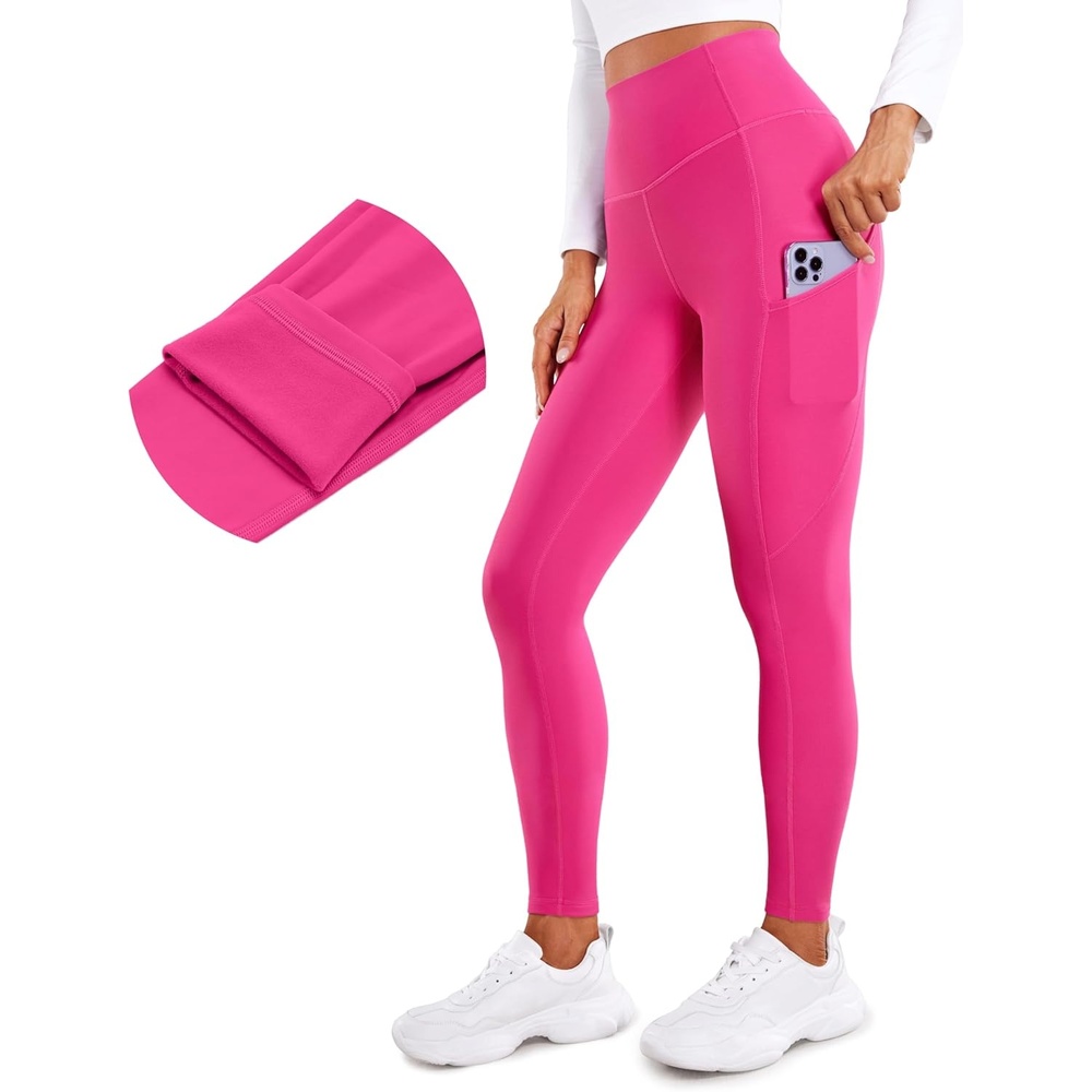 image:imageCRZ YOGA Fleece Lined Leggings Pockets 28 Thermal Casual Lounge Workout Womens Yoga Full Length Pants Winter WarmGranita Pink