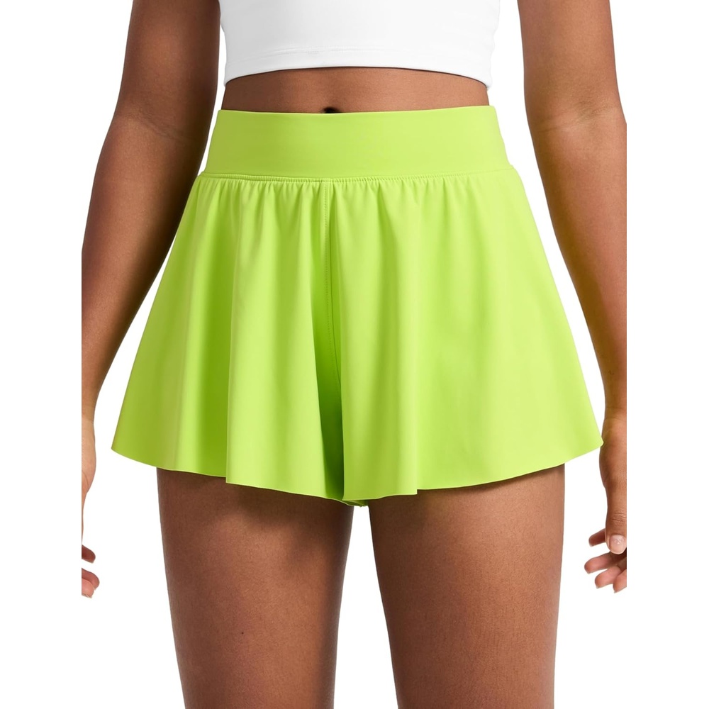 image:imageCRZ YOGA Girls 2 in 1 Athletic Flowy Shorts Dance Tennis Soccer Casual Butterfly Skirts Liner Pockets Kids TeenChartreuse