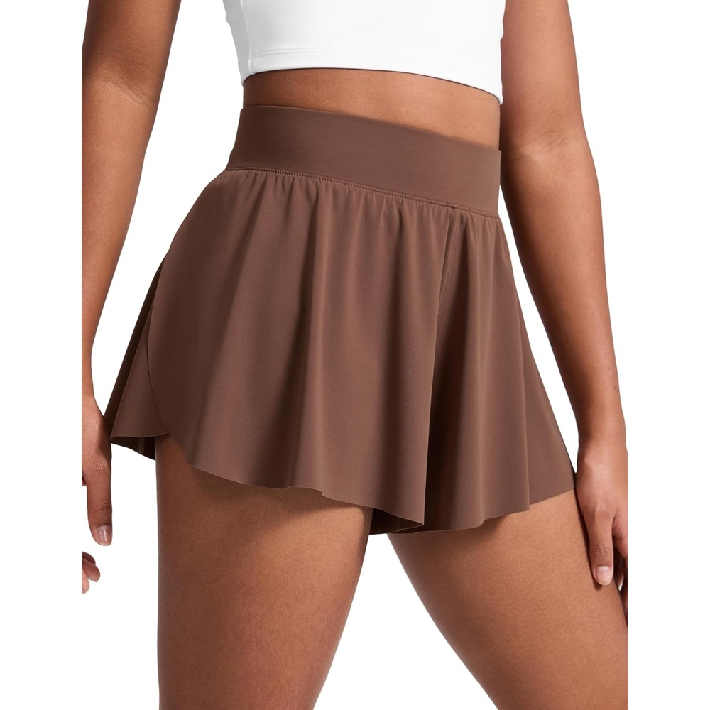 image:imageCRZ YOGA Girls 2 in 1 Athletic Flowy Shorts Dance Tennis Soccer Casual Butterfly Skirts Liner Pockets Kids TeenCoffee Brown