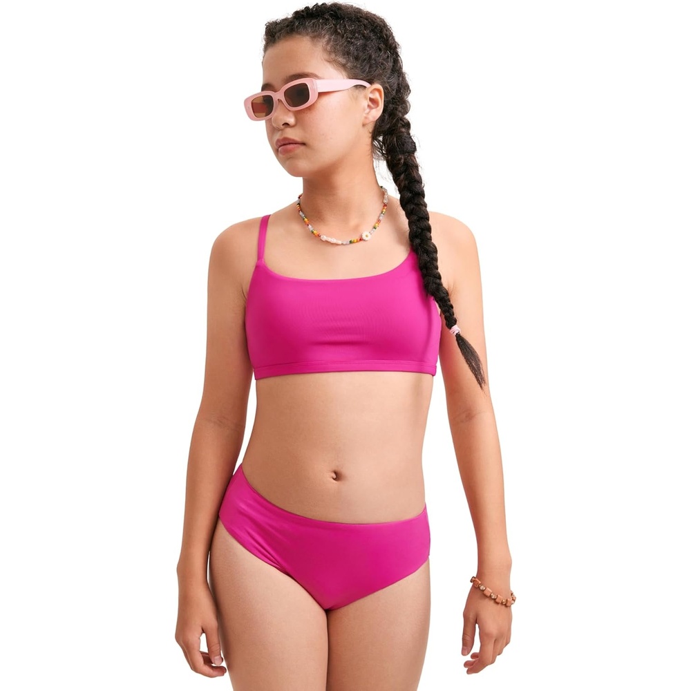 image:imageCRZ YOGA Girls Bikini Set 2 Piece Swimsuit Beach Sports Bathing Suit Scoop Neck Adjustable Straps Padded Kids TeenHibiscus Purple