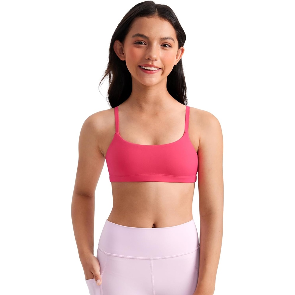image:imageCRZ YOGA Girls Butterluxe Adjustable Spaghetti Strap Sports Bra Yoga Athletic Casual Scoop Neck Crop Padded Kids TeenLip Gloss Pink