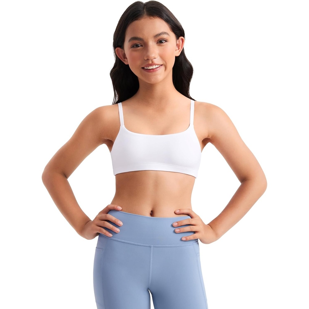 image:imageCRZ YOGA Girls Butterluxe Adjustable Spaghetti Strap Sports Bra Yoga Athletic Casual Scoop Neck Crop Padded Kids TeenWhite
