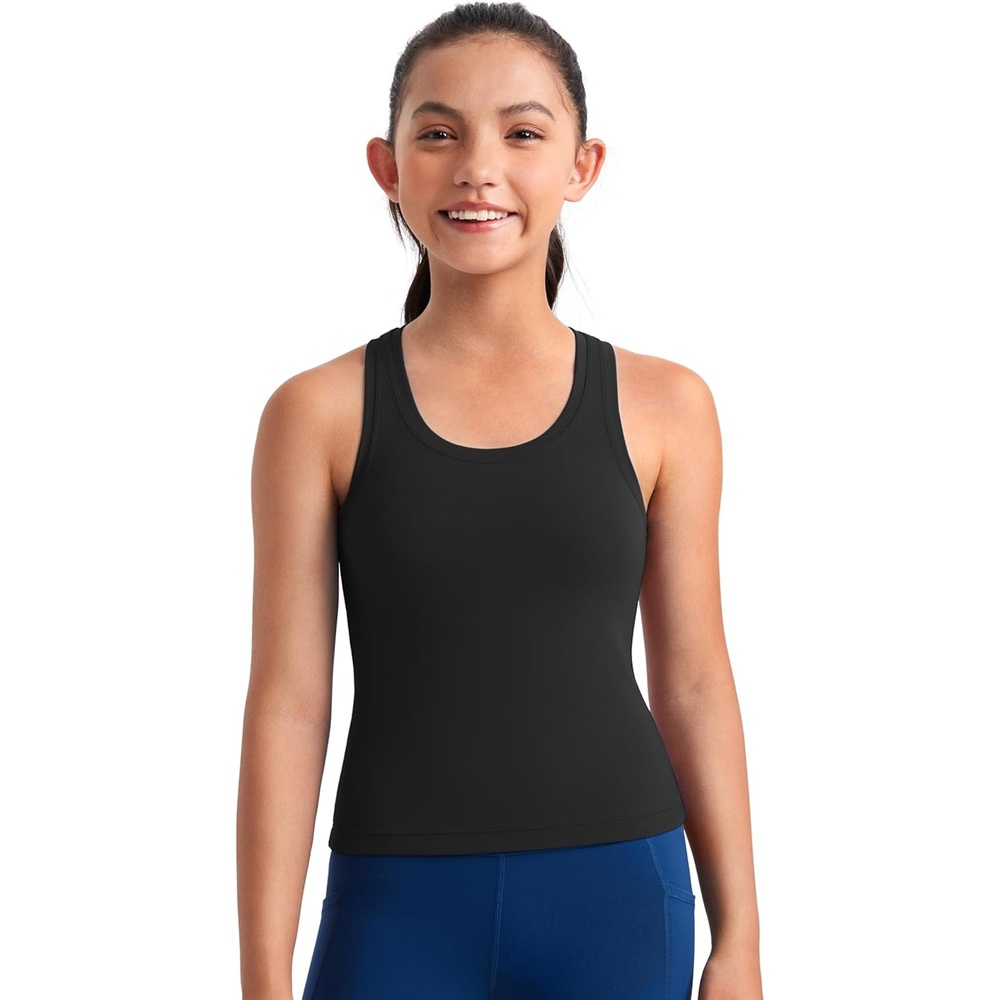 image:imageCRZ YOGA Girls Butterluxe Crew Neck Tank Tops Waist Length Dance Yoga Athletic Casual Racerback Tight Kids TeenBlack
