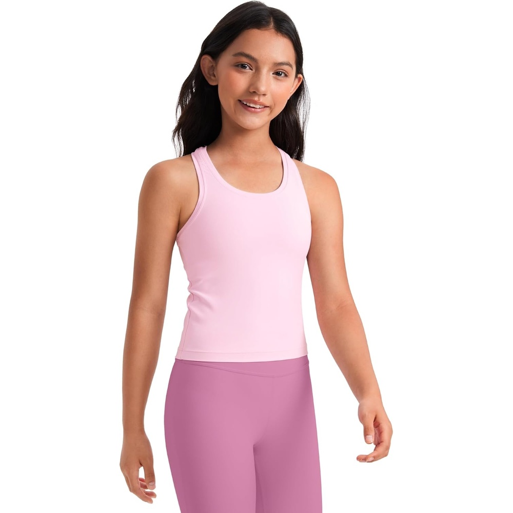 image:imageCRZ YOGA Girls Butterluxe Crew Neck Tank Tops Waist Length Dance Yoga Athletic Casual Racerback Tight Kids TeenPink Peony
