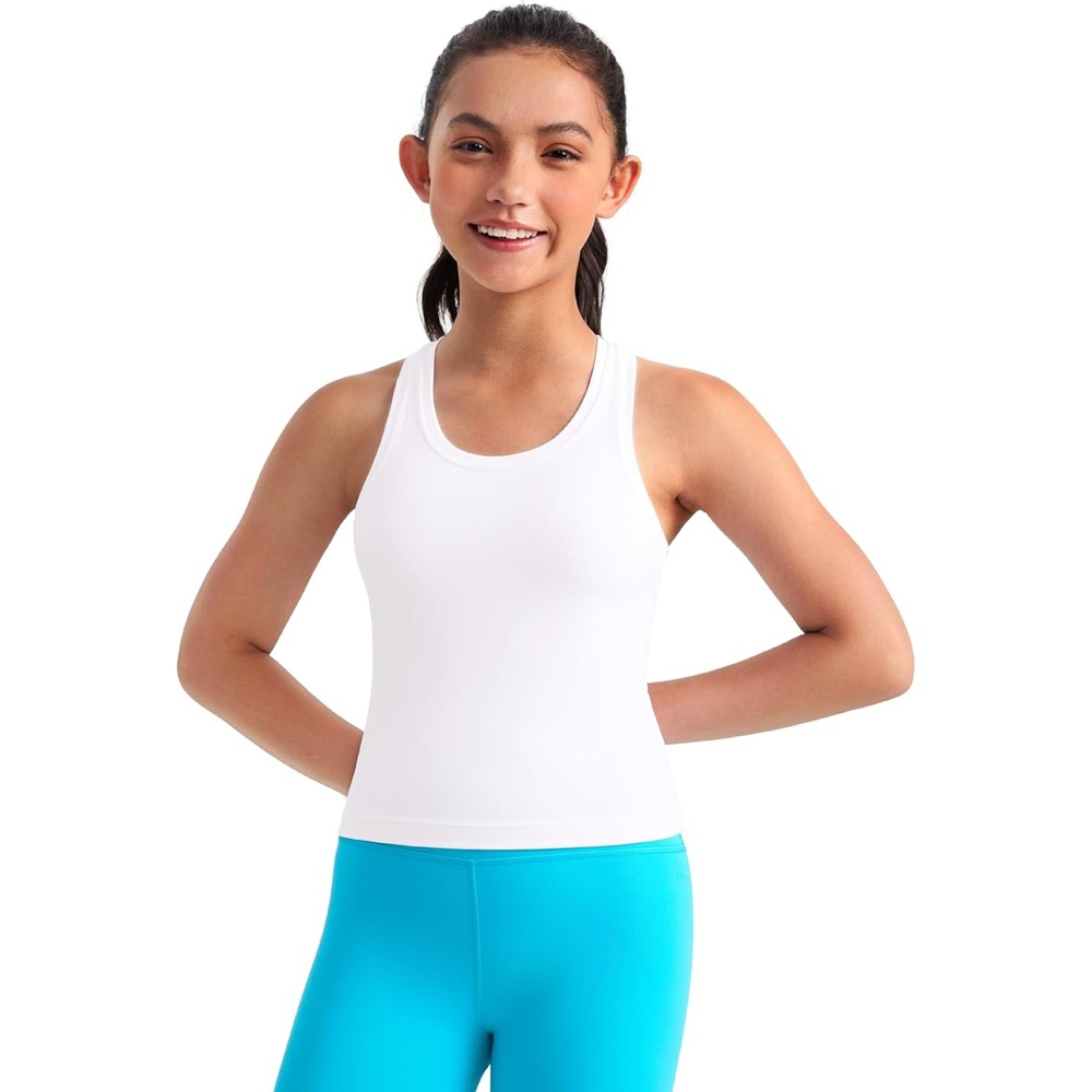 image:imageCRZ YOGA Girls Butterluxe Crew Neck Tank Tops Waist Length Dance Yoga Athletic Casual Racerback Tight Kids TeenWhite