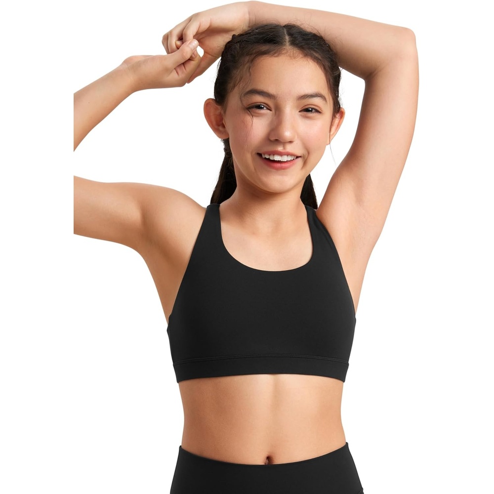 image:imageCRZ YOGA Girls Butterluxe Cross Back Sports Bra Yoga Athletic Casual Tops Scoop Neck Padded Crop Kids TeenBlack