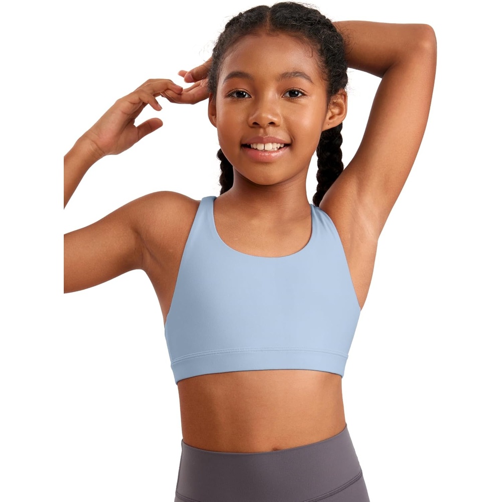 image:imageCRZ YOGA Girls Butterluxe Cross Back Sports Bra Yoga Athletic Casual Tops Scoop Neck Padded Crop Kids TeenCambric Blue