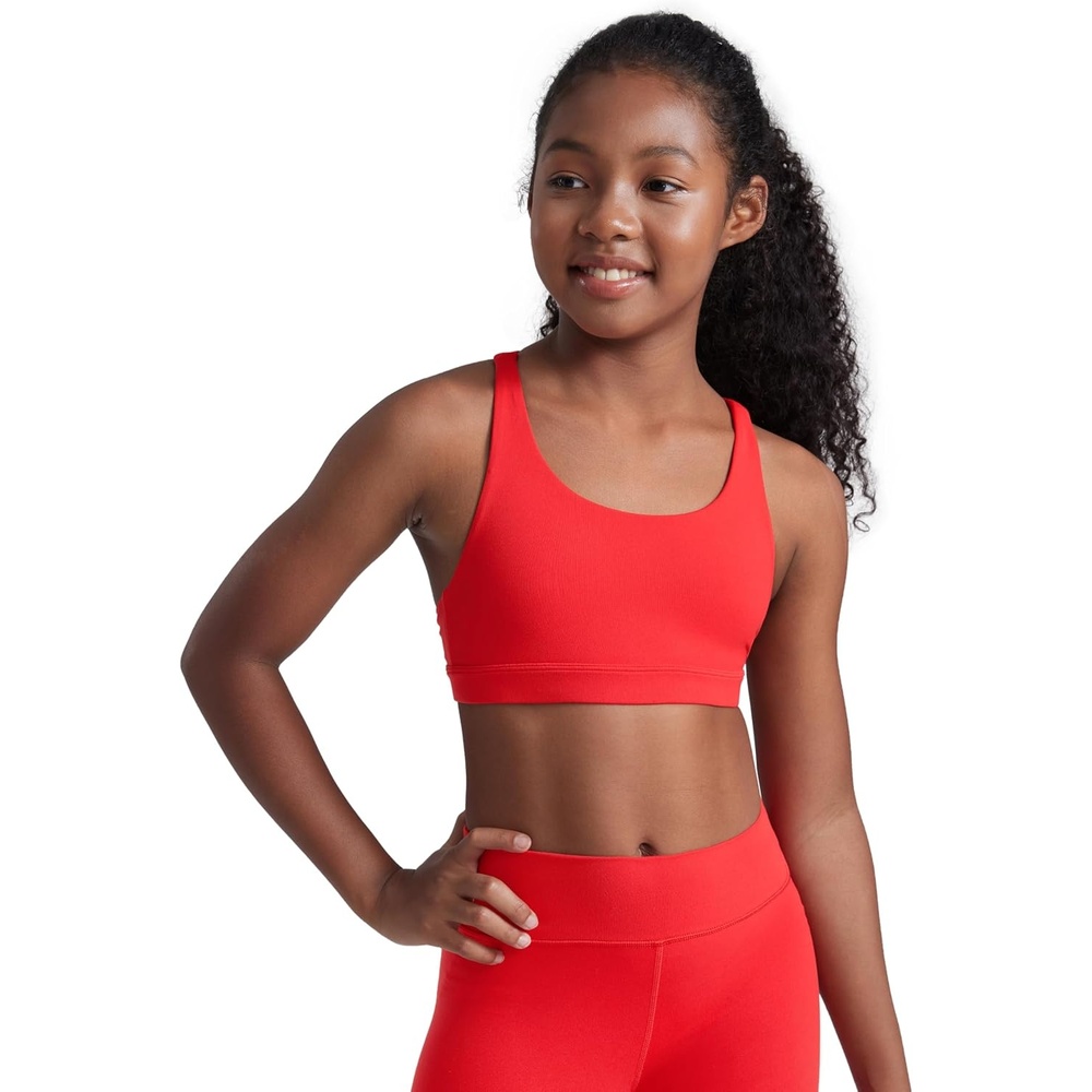 image:imageCRZ YOGA Girls Butterluxe Cross Back Sports Bra Yoga Athletic Casual Tops Scoop Neck Padded Crop Kids TeenDeep Red