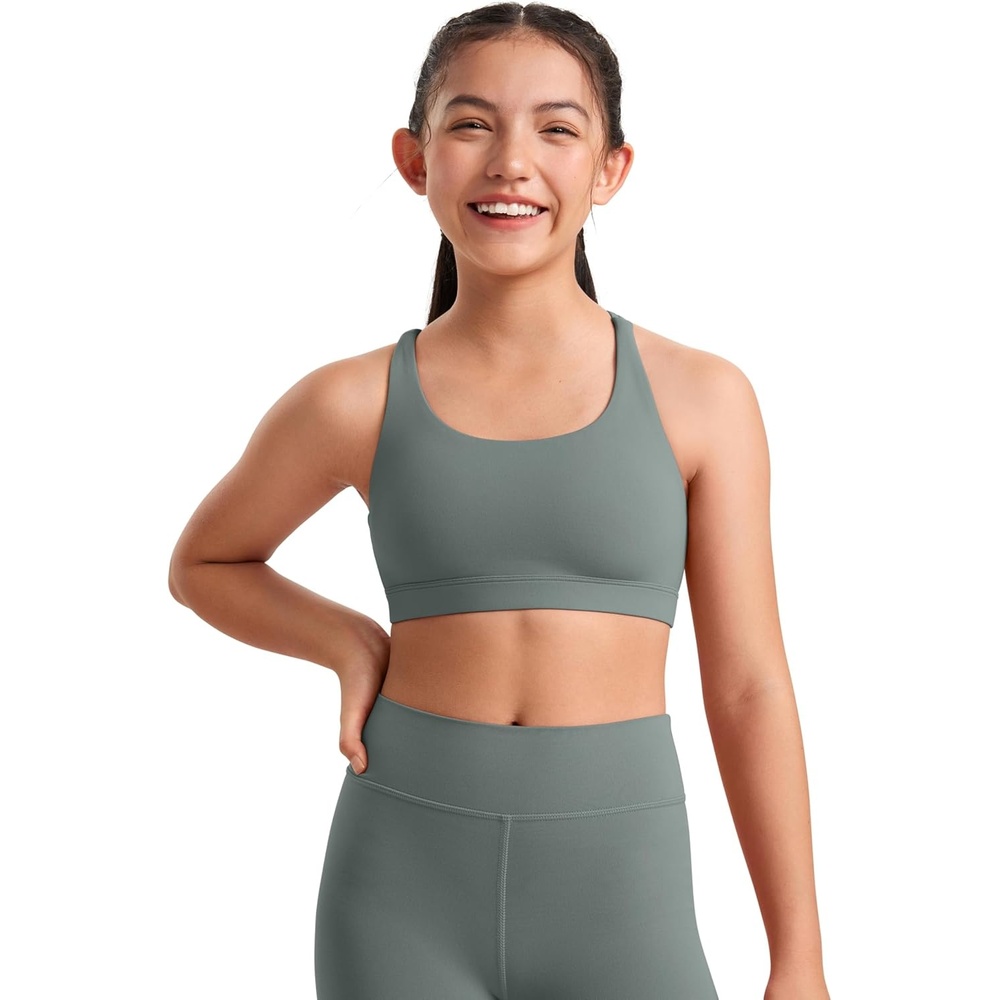 image:imageCRZ YOGA Girls Butterluxe Cross Back Sports Bra Yoga Athletic Casual Tops Scoop Neck Padded Crop Kids TeenGrey Sage
