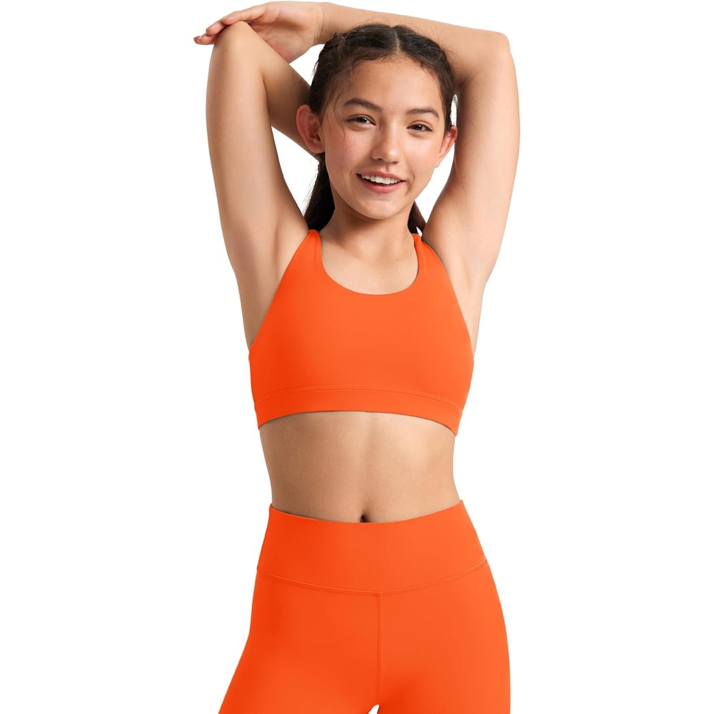 image:imageCRZ YOGA Girls Butterluxe Cross Back Sports Bra Yoga Athletic Casual Tops Scoop Neck Padded Crop Kids TeenNeon Orange