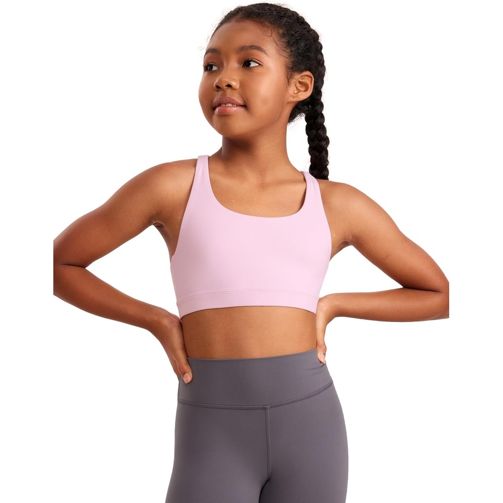 image:imageCRZ YOGA Girls Butterluxe Cross Back Sports Bra Yoga Athletic Casual Tops Scoop Neck Padded Crop Kids TeenPink Peony