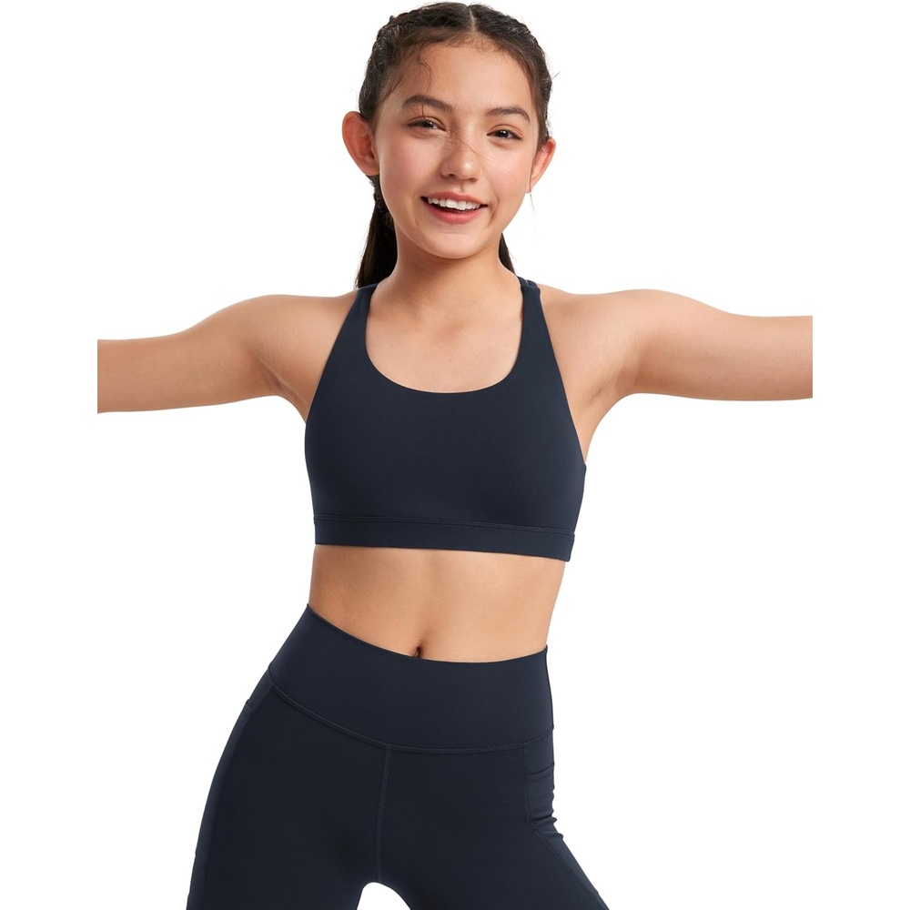 image:imageCRZ YOGA Girls Butterluxe Cross Back Sports Bra Yoga Athletic Casual Tops Scoop Neck Padded Crop Kids TeenTrue Navy