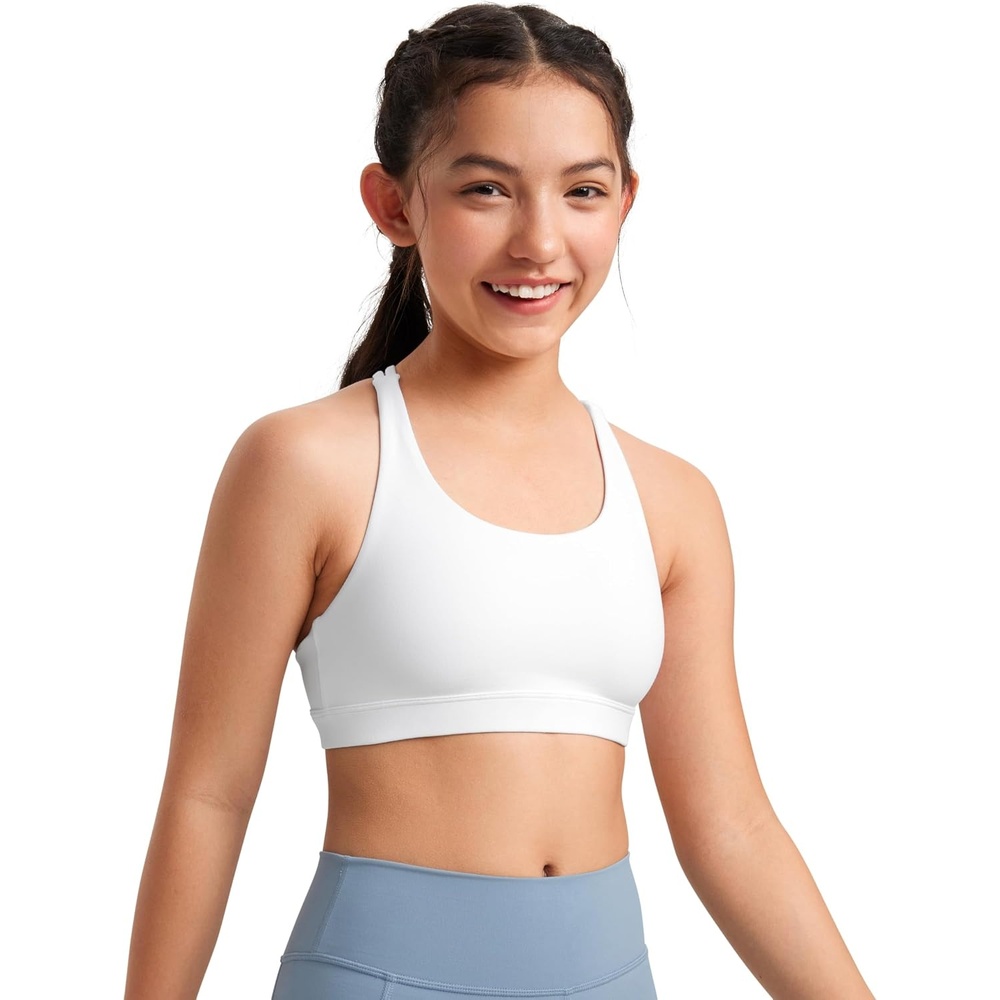 image:imageCRZ YOGA Girls Butterluxe Cross Back Sports Bra Yoga Athletic Casual Tops Scoop Neck Padded Crop Kids TeenWhite