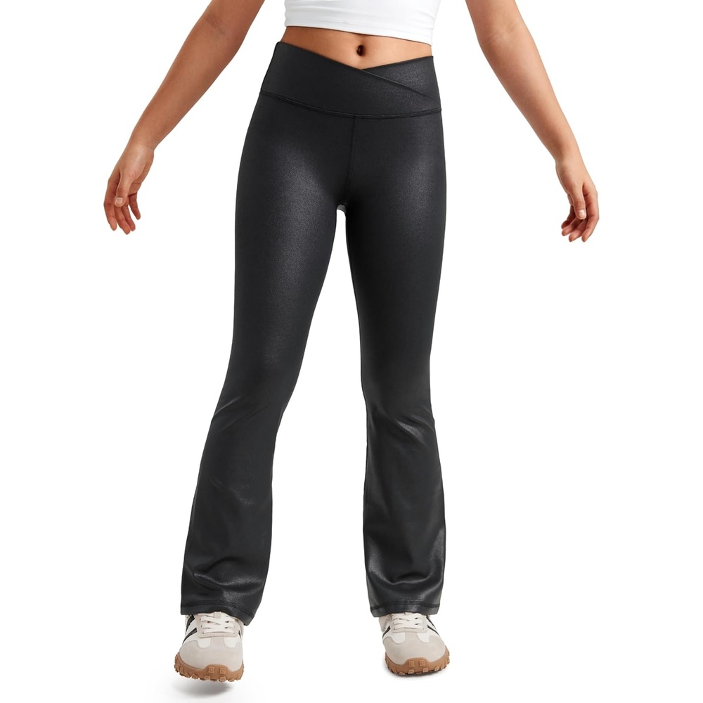 image:imageCRZ YOGA Girls Butterluxe Crossover Waist Yoga Flare Leggings Dance Casual Athletic Pants Bell Bottoms Kids TeenFaux Leather Black