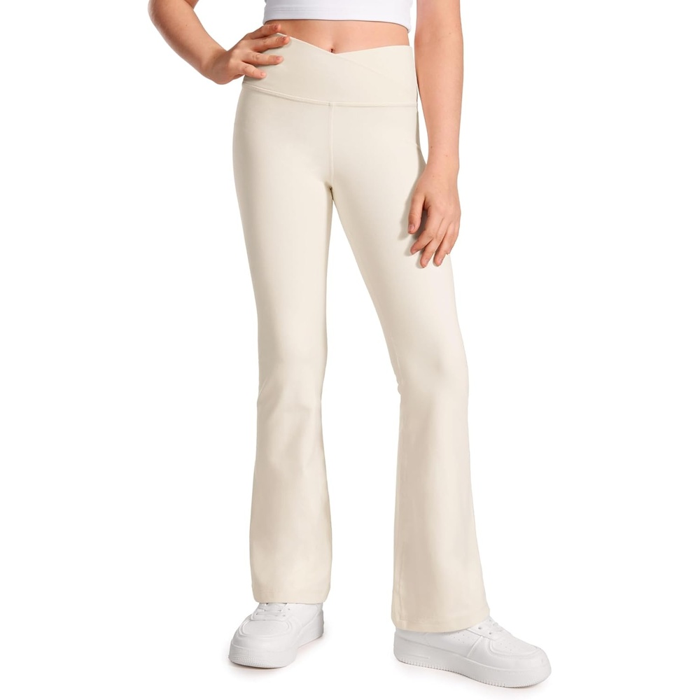 image:imageCRZ YOGA Girls Butterluxe Crossover Waist Yoga Flare Leggings Dance Casual Athletic Pants Bell Bottoms Kids TeenWhite Apricot