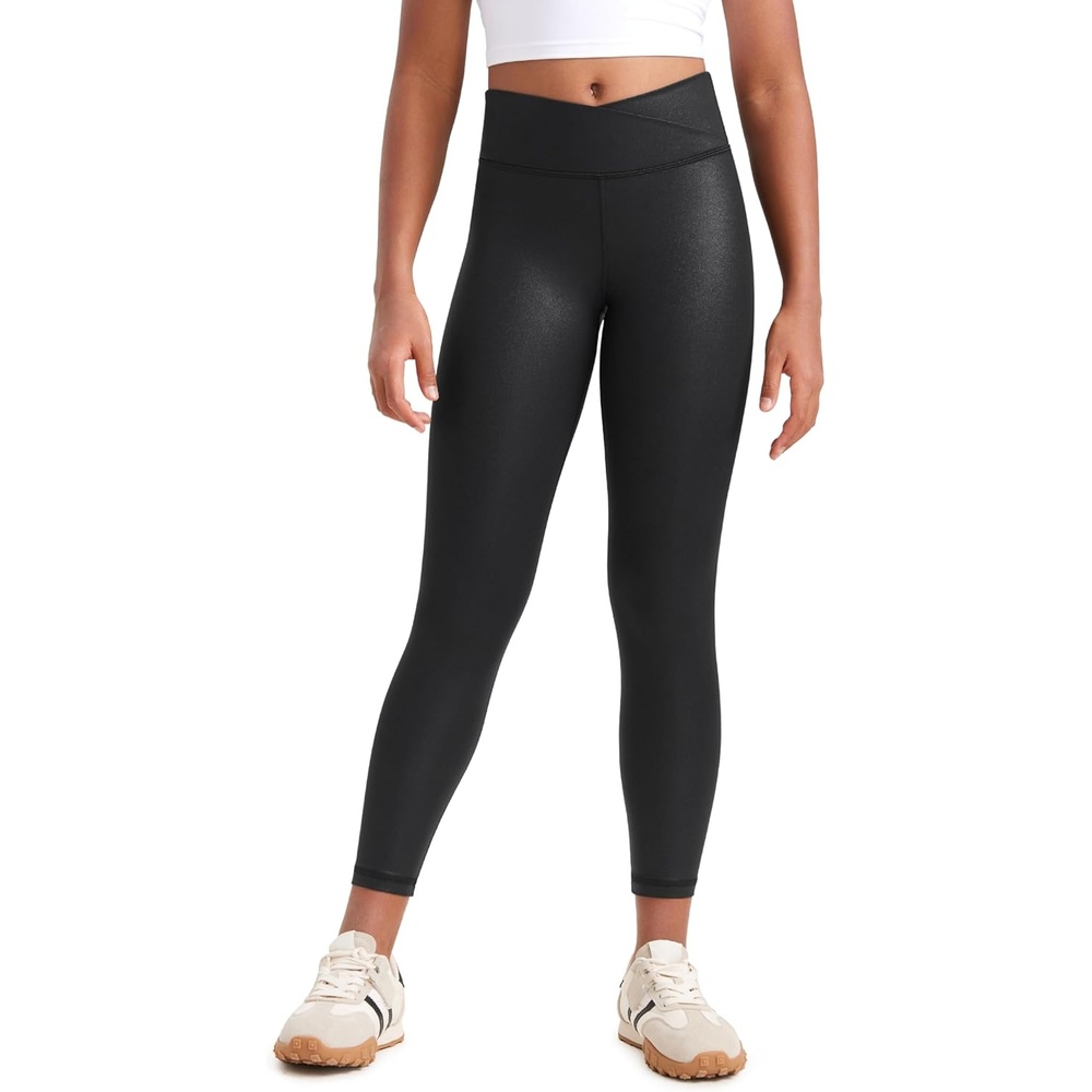 image:imageCRZ YOGA Girls Butterluxe Crossover Waist Yoga Leggings Athletic Sports Casual Pants V Cross Tights Kids TeenFaux Leather Black