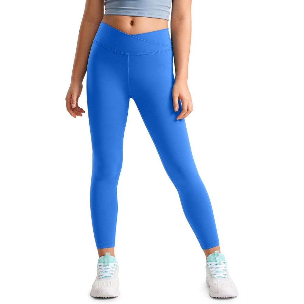 image:imageCRZ YOGA Girls Butterluxe Crossover Waist Yoga Leggings Athletic Sports Casual Pants V Cross Tights Kids TeenSparkle Blue