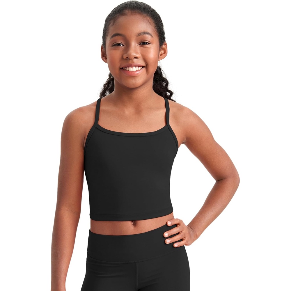 image:imageCRZ YOGA Girls Butterluxe Double Lined Camisole Crop Tank Tops Dance Yoga Athletic Casual Spaghetti Y Back Kids TeenBlack
