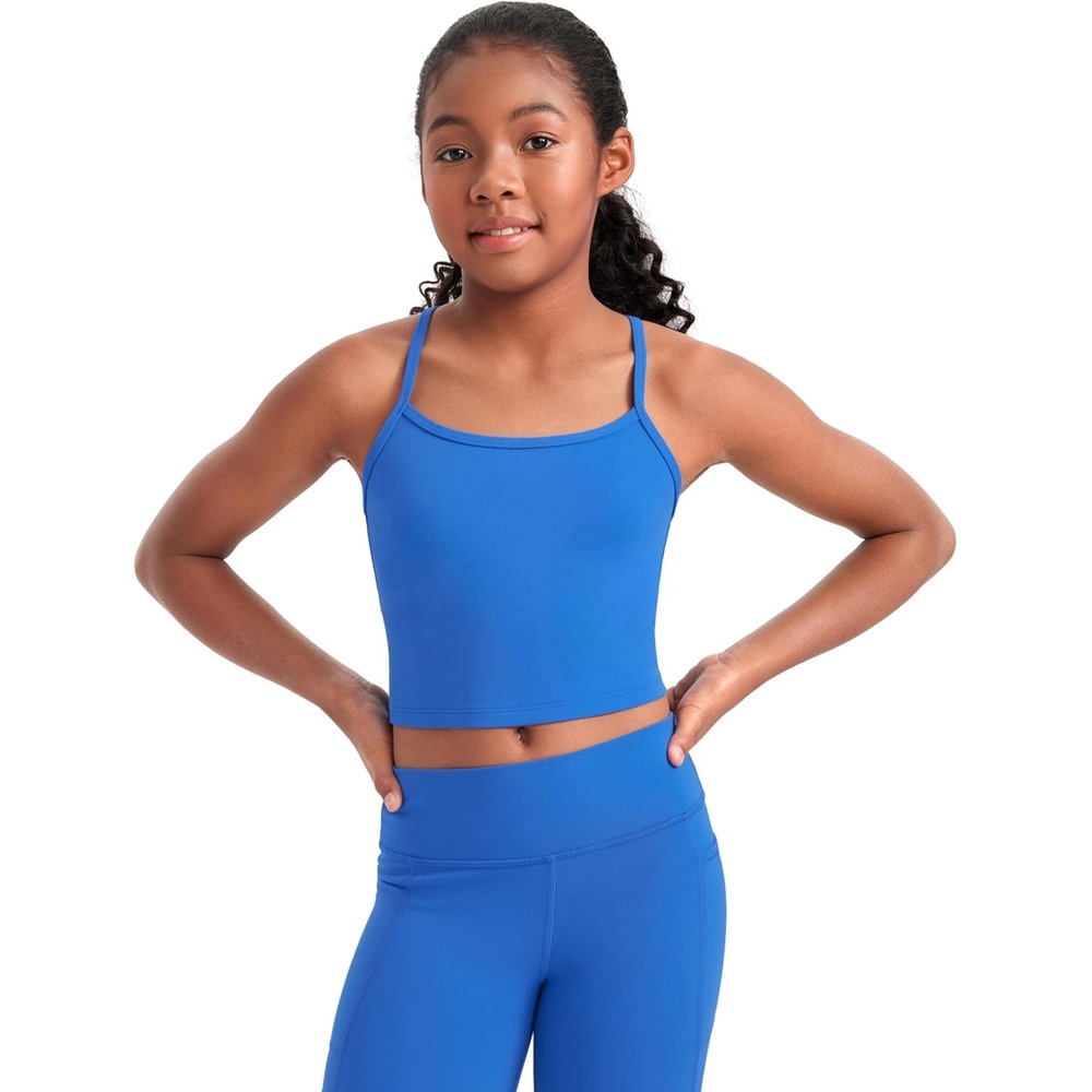 image:imageCRZ YOGA Girls Butterluxe Double Lined Camisole Crop Tank Tops  Dance Yoga Athletic Casual Spaghetti Y Back Kids TeenSparkle Blue