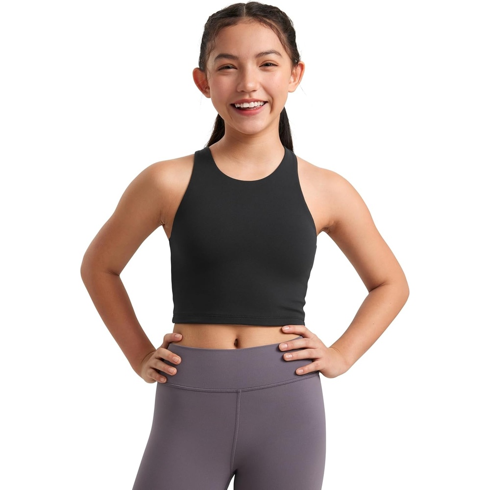 image:imageCRZ YOGA Girls Butterluxe Double Lined Racerback Crop Tank Tops High Neck Dance Yoga Athletic Casual Tight Kids TeenBlack