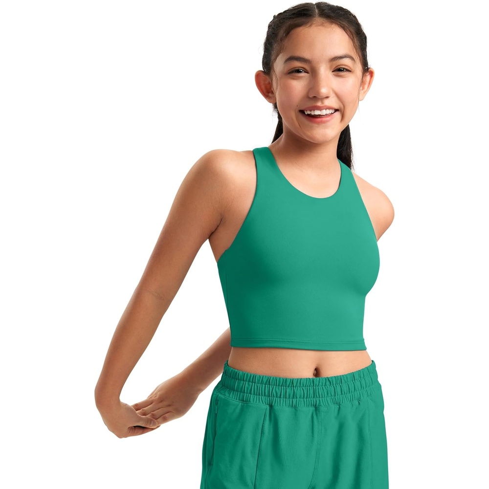 image:imageCRZ YOGA Girls Butterluxe Double Lined Racerback Crop Tank Tops High Neck Dance Yoga Athletic Casual Tight Kids TeenCascadia Green