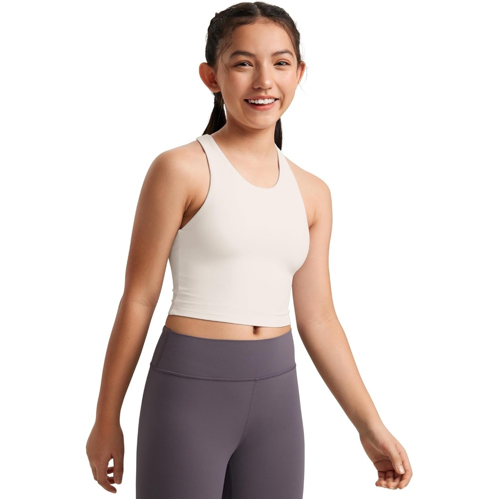 image:imageCRZ YOGA Girls Butterluxe Double Lined Racerback Crop Tank Tops High Neck Dance Yoga Athletic Casual Tight Kids TeenMilky White