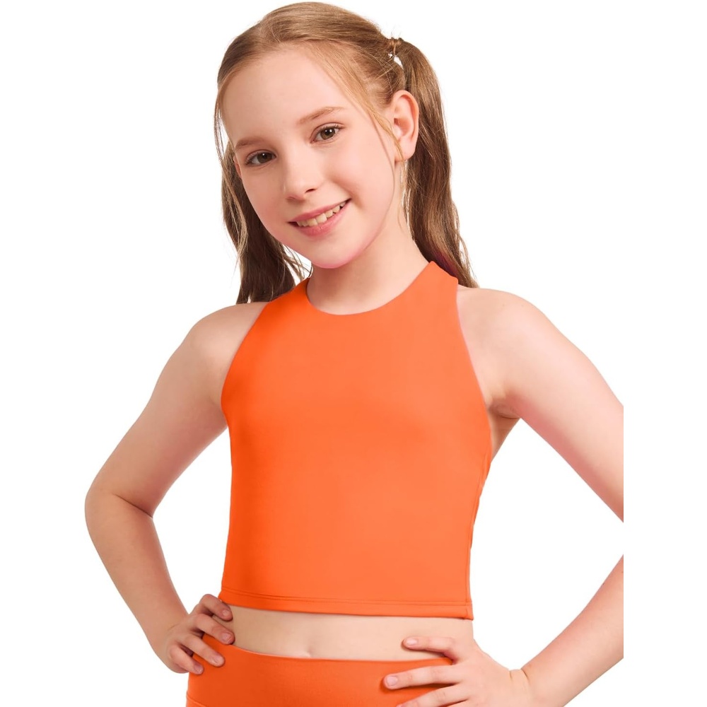 image:imageCRZ YOGA Girls Butterluxe Double Lined Racerback Crop Tank Tops High Neck Dance Yoga Athletic Casual Tight Kids TeenNeon Orange