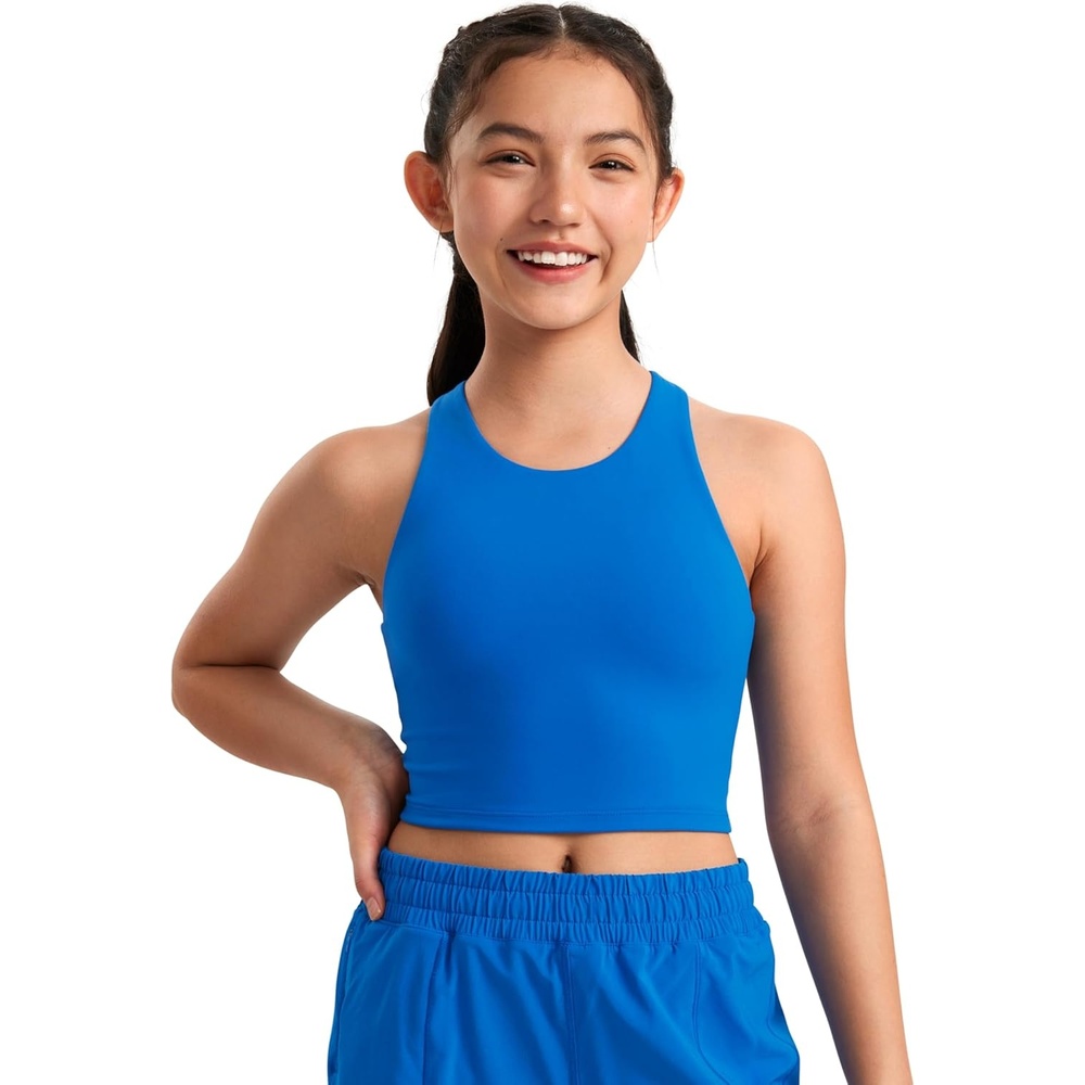 image:imageCRZ YOGA Girls Butterluxe Double Lined Racerback Crop Tank Tops High Neck Dance Yoga Athletic Casual Tight Kids TeenSparkle Blue