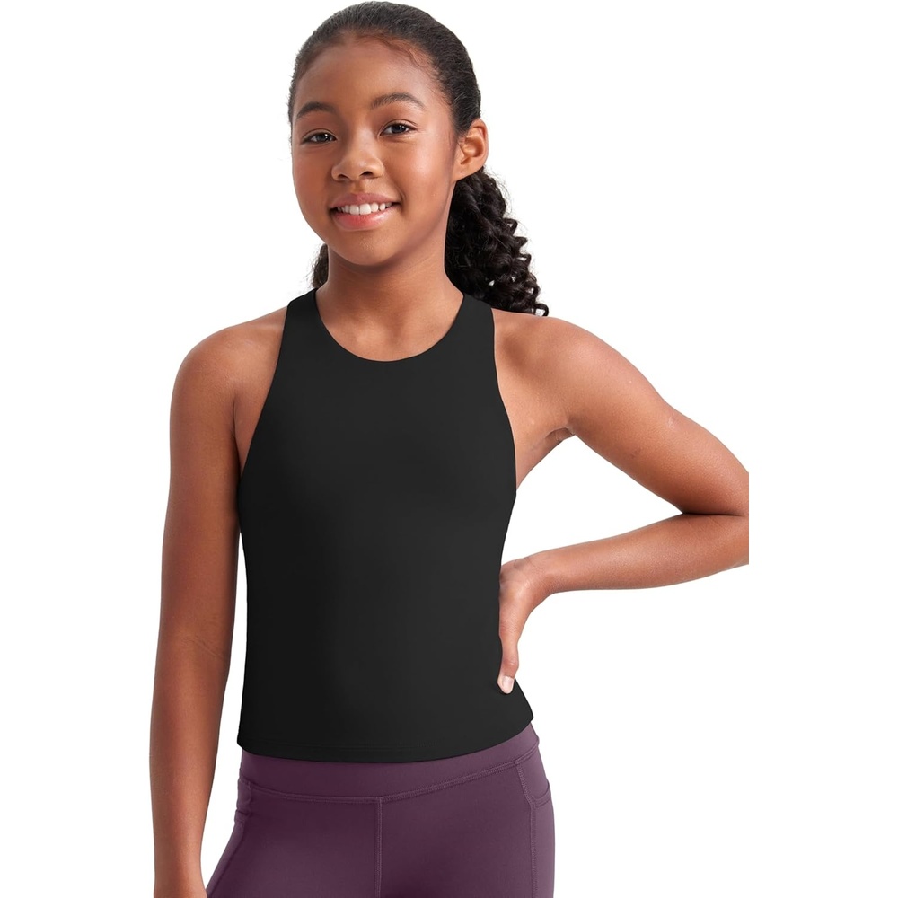 image:imageCRZ YOGA Girls Butterluxe Double Lined Racerback Tank Tops Waist Length High Neck Dance Yoga Athletic Casual Kids TeenBlack