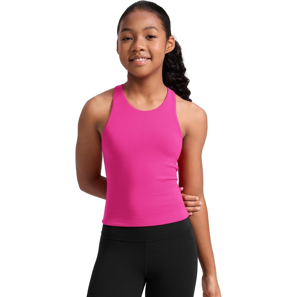 image:imageCRZ YOGA Girls Butterluxe Double Lined Racerback Tank Tops Waist Length High Neck Dance Yoga Athletic Casual Kids TeenHibiscus Purple