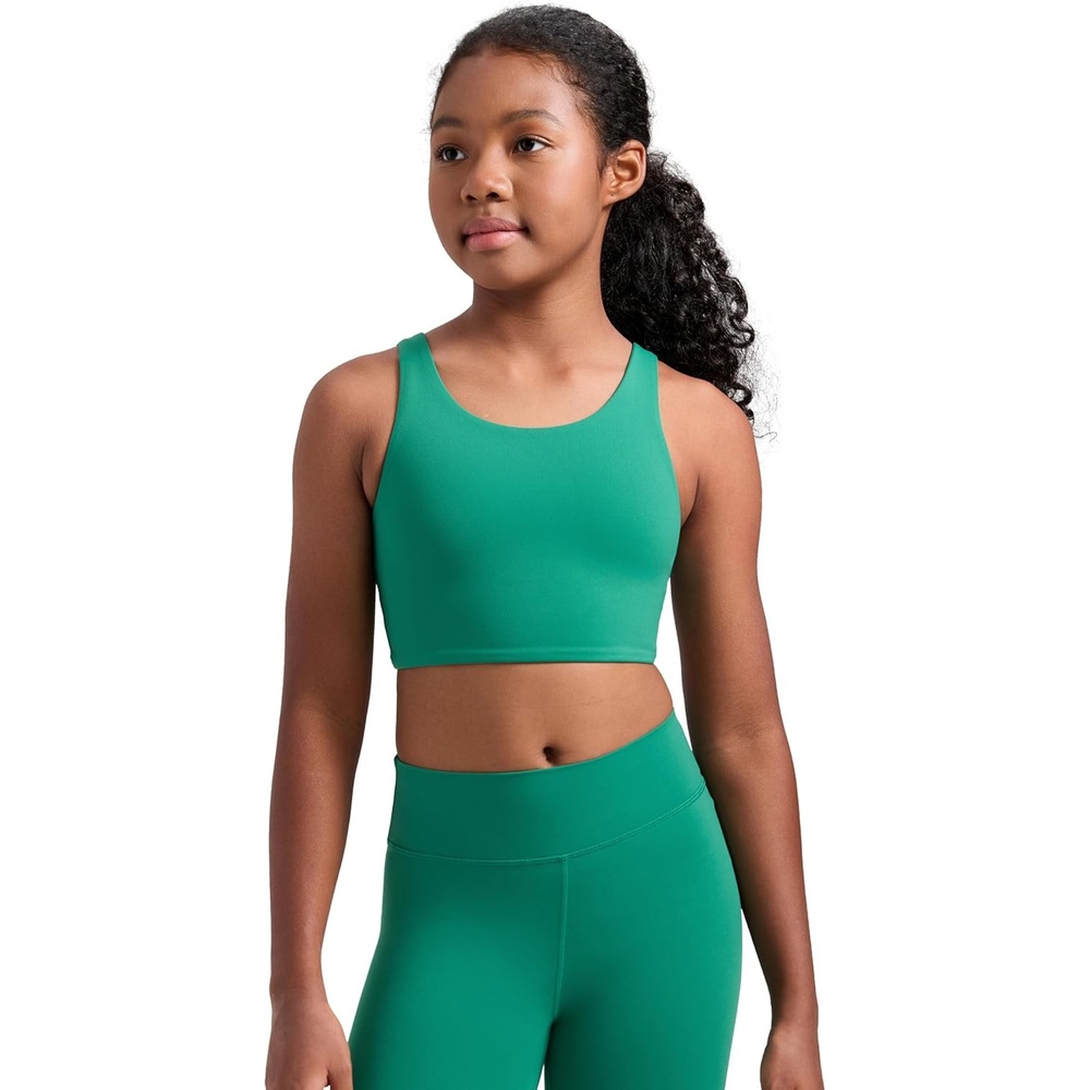 image:imageCRZ YOGA Girls Butterluxe Longline Sports Bra Yoga Athletic Casual Tops Scoop Neck U Back Padded Kids TeenCascadia Green