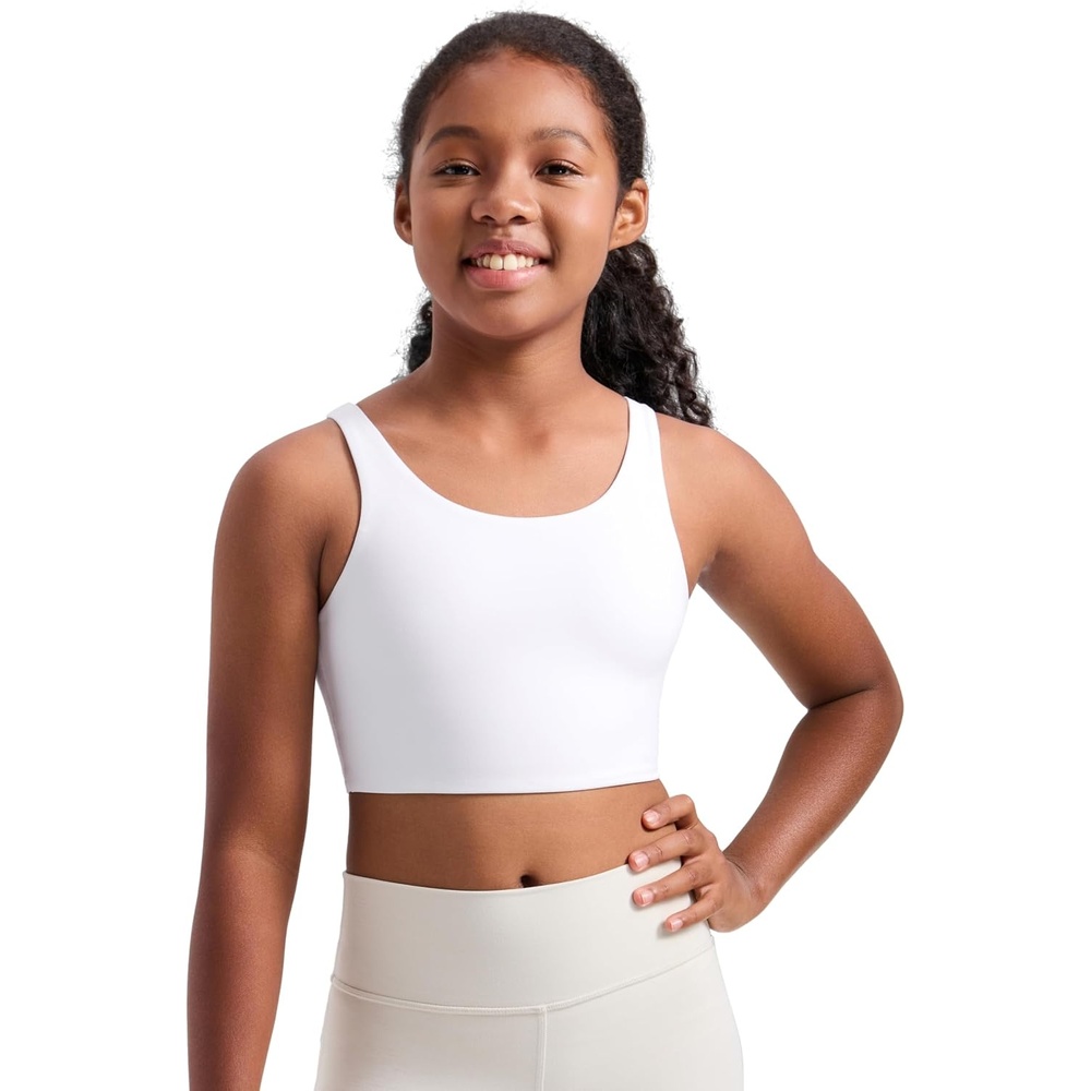 image:imageCRZ YOGA Girls Butterluxe Longline Sports Bra Yoga Athletic Casual Tops Scoop Neck U Back Padded Kids TeenWhite