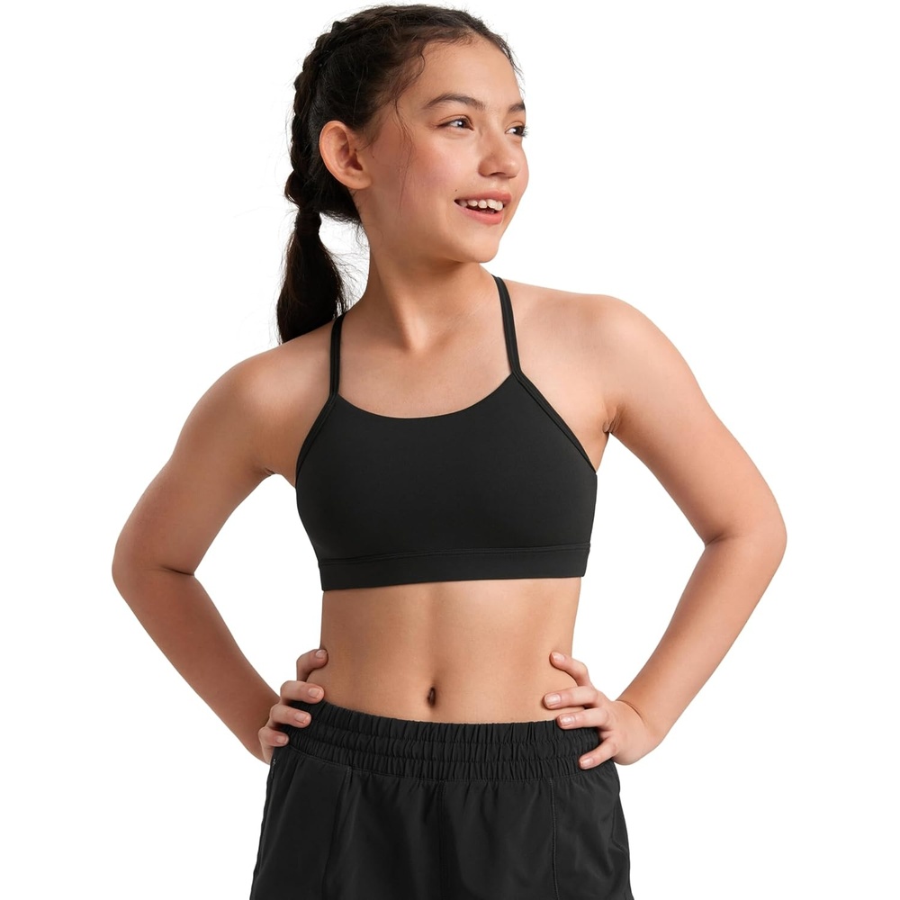 image:imageCRZ YOGA Girls Butterluxe Y Back Sports Bra Yoga Athletic Casual Tops Scoop Neck Spaghetti Strap Padded Crop Kids TeenBlack
