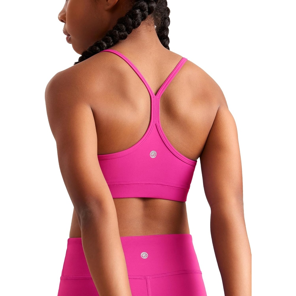 image:imageCRZ YOGA Girls Butterluxe Y Back Sports Bra Yoga Athletic Casual Tops Scoop Neck Spaghetti Strap Padded Crop Kids TeenHibiscus Purple