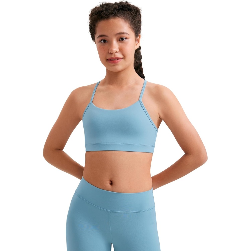 image:imageCRZ YOGA Girls Butterluxe Y Back Sports Bra Yoga Athletic Casual Tops Scoop Neck Spaghetti Strap Padded Crop Kids TeenPure Blue
