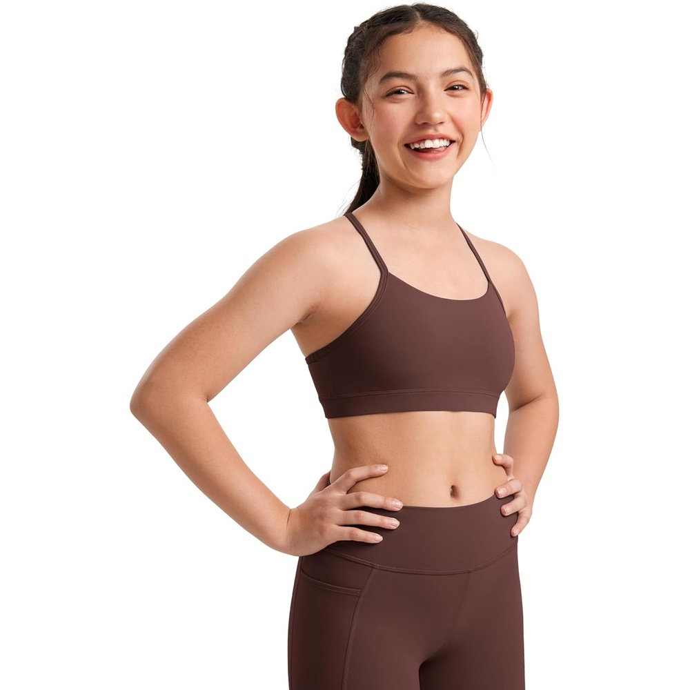 image:imageCRZ YOGA Girls Butterluxe Y Back Sports Bra Yoga Athletic Casual Tops Scoop Neck Spaghetti Strap Padded Crop Kids TeenTaupe