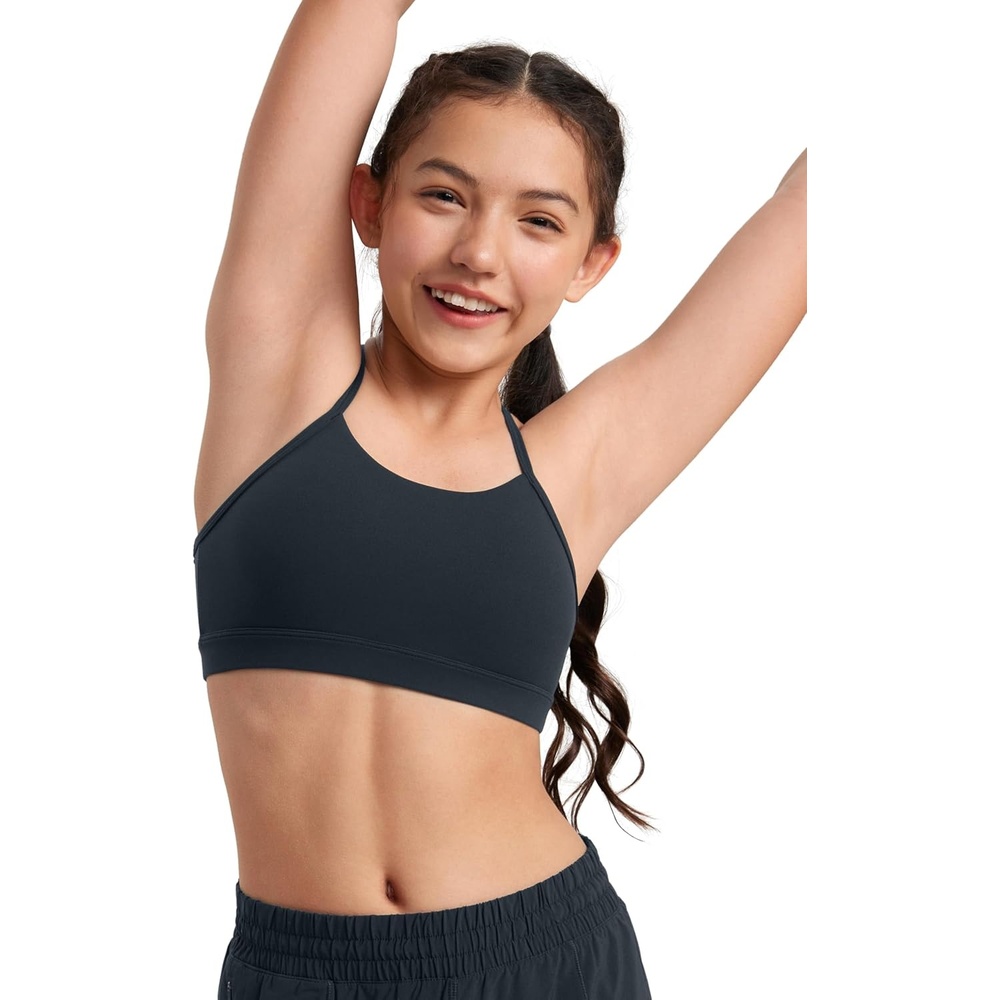 image:imageCRZ YOGA Girls Butterluxe Y Back Sports Bra Yoga Athletic Casual Tops Scoop Neck Spaghetti Strap Padded Crop Kids TeenTrue Navy