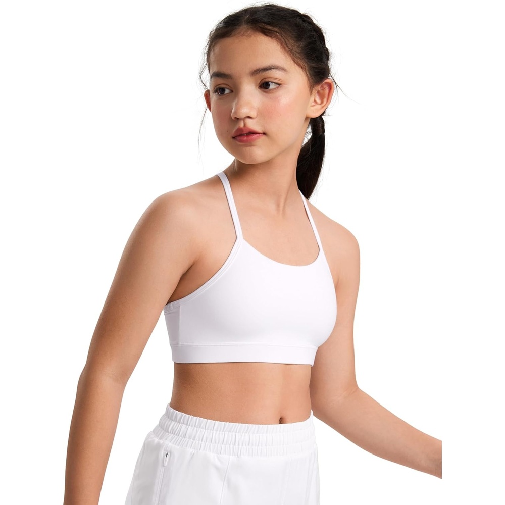 image:imageCRZ YOGA Girls Butterluxe Y Back Sports Bra Yoga Athletic Casual Tops Scoop Neck Spaghetti Strap Padded Crop Kids TeenWhite