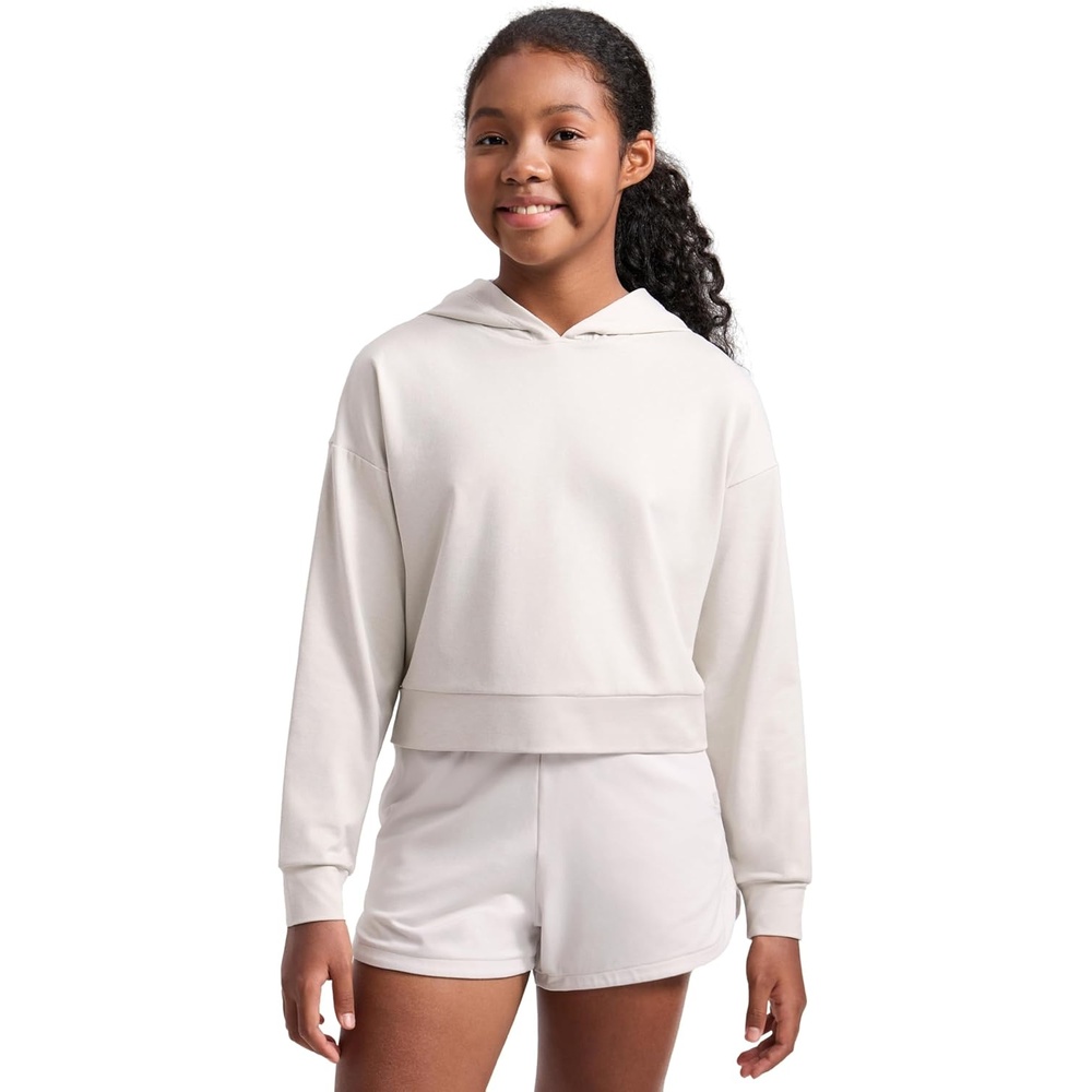 image:imageCRZ YOGA Girls Cloud Jersey Long Sleeve Casual Hoodie Lounge Pullover Sweatshirts Hooded Relaxed Waist Length Kids TeenMilky White