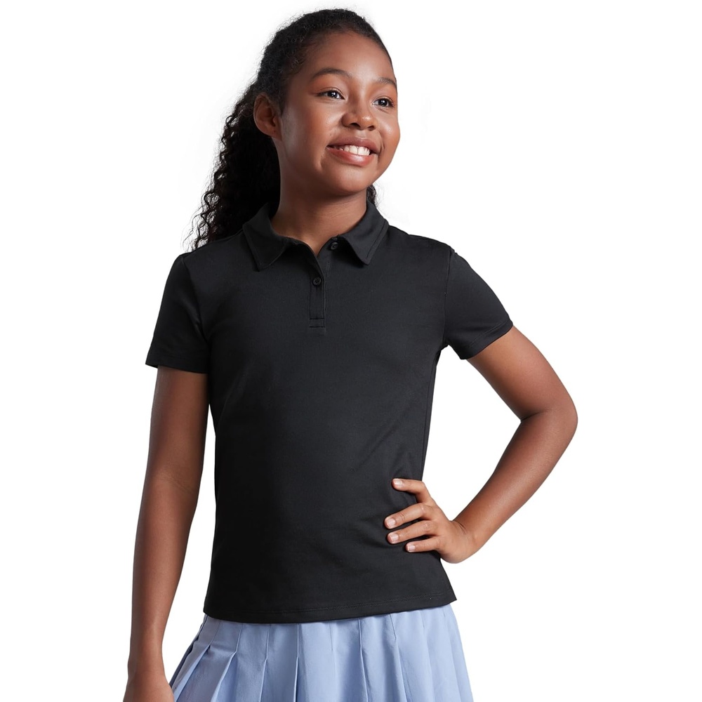 image:imageCRZ YOGA Girls Cloud Jersey Short Sleeve Casual Polo Shirts School Uniform Tennis Golf Hip Length Side Splits Kids TeenBlack