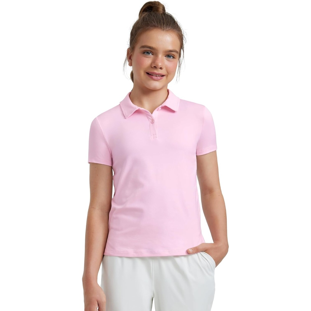 image:imageCRZ YOGA Girls Cloud Jersey Short Sleeve Casual Polo Shirts School Uniform Tennis Golf Hip Length Side Splits Kids TeenStrawberry Pink