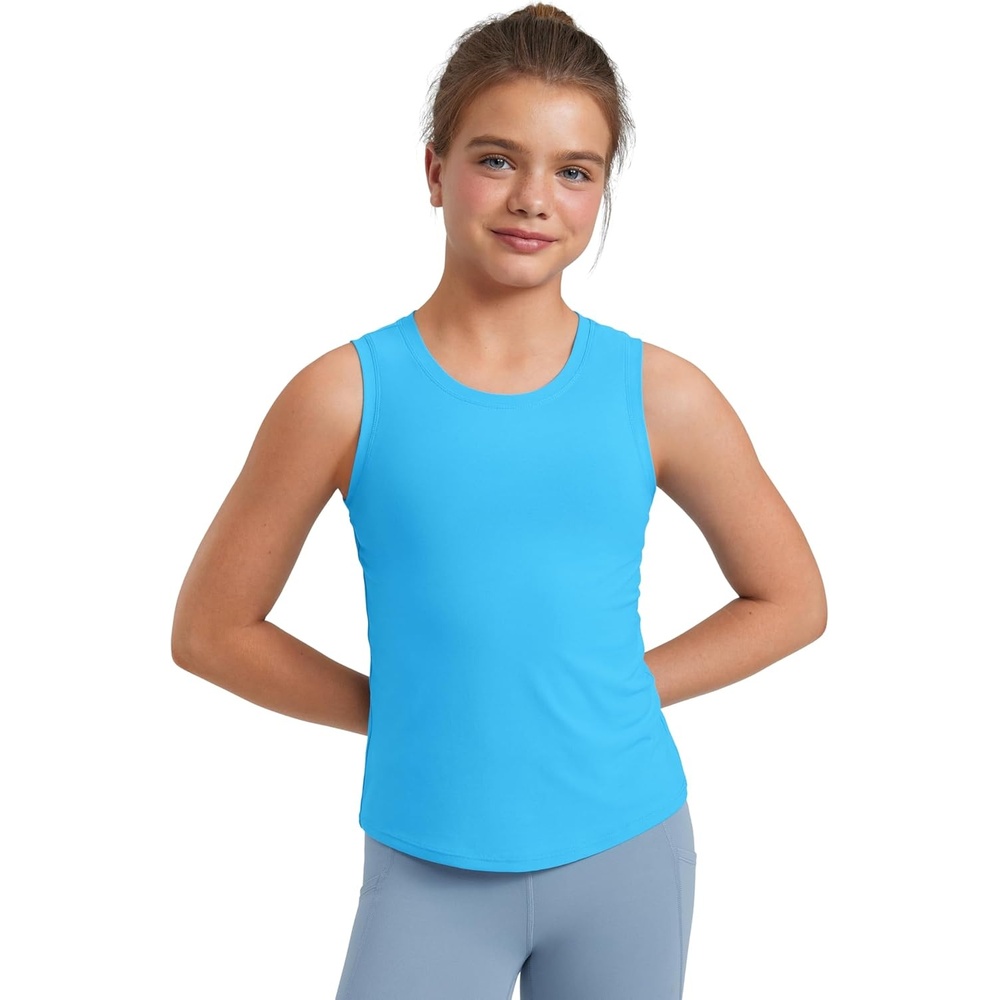 image:imageCRZ YOGA Girls Cloudweight Athletic Tank Tops Hip Length Active Dance Casual Crew Neck Sleeveless Kids TeenKayak Blue