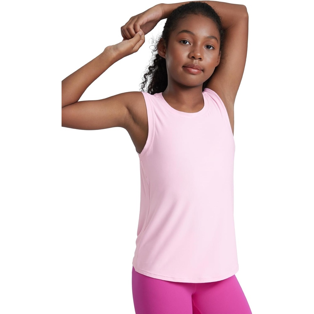 image:imageCRZ YOGA Girls Cloudweight Athletic Tank Tops Hip Length Active Dance Casual Crew Neck Sleeveless Kids TeenPink Peony