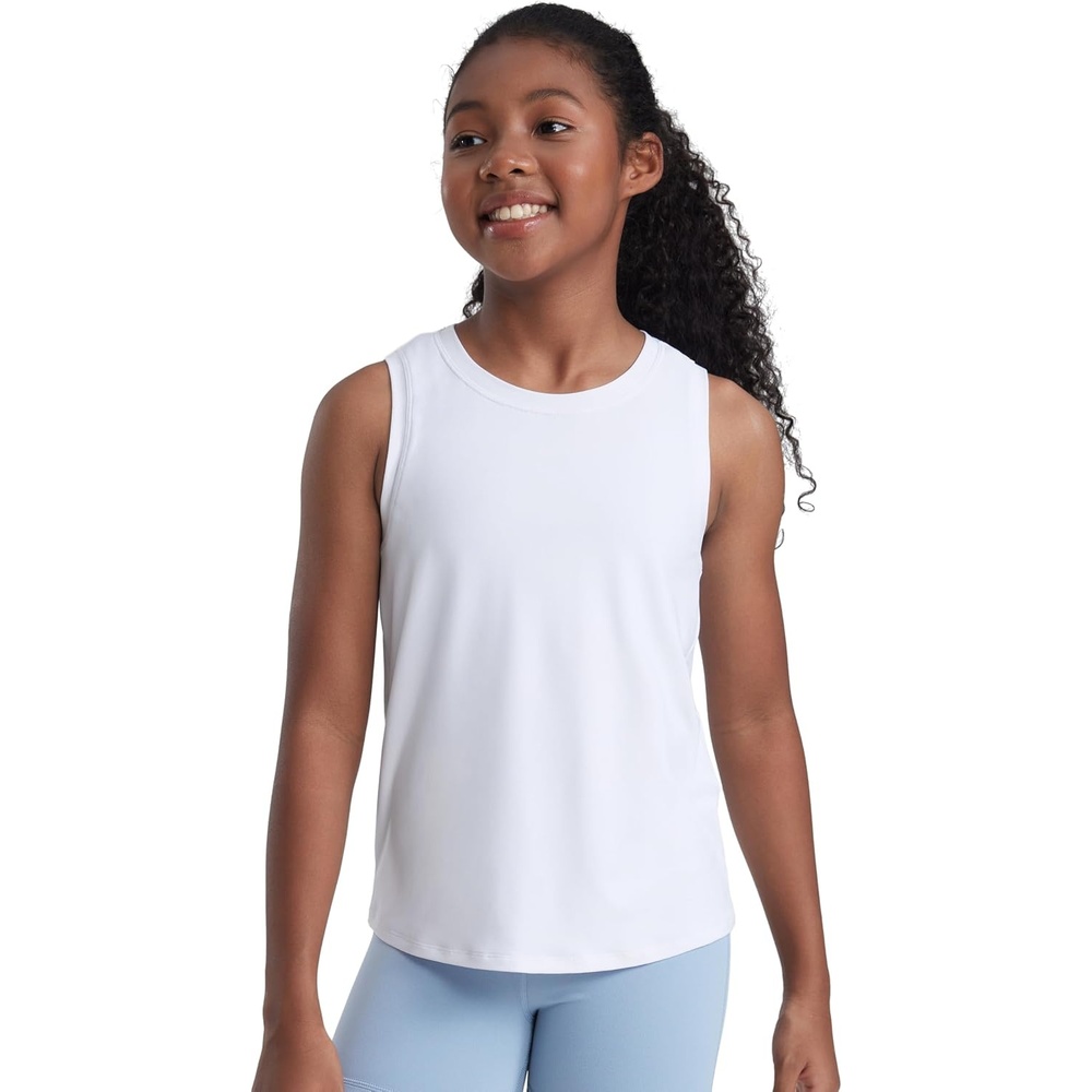 image:imageCRZ YOGA Girls Cloudweight Athletic Tank Tops Hip Length Active Dance Casual Crew Neck Sleeveless Kids TeenWhite