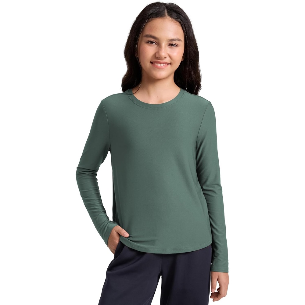 image:imageCRZ YOGA Girls Cloudweight Long Sleeve Athletic Shirts Active Sports Casual Tees Crew Neck Side Slit Winter Kids TeenGraphite Green