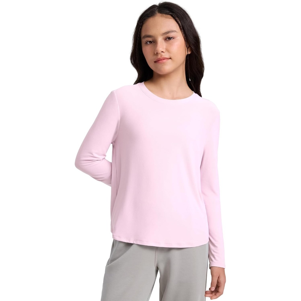 image:imageCRZ YOGA Girls Cloudweight Long Sleeve Athletic Shirts Active Sports Casual Tees Crew Neck Side Slit Winter Kids TeenPink Peony