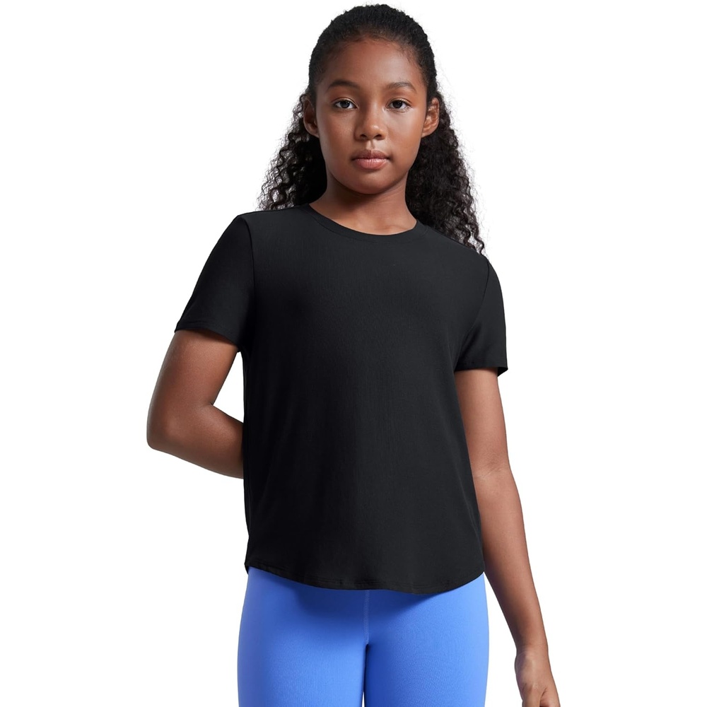 image:imageCRZ YOGA Girls Cloudweight Short Sleeve Athletic T Shirts Active Sports Casual Tees Crew Neck Side Slit Kids TeenBlack